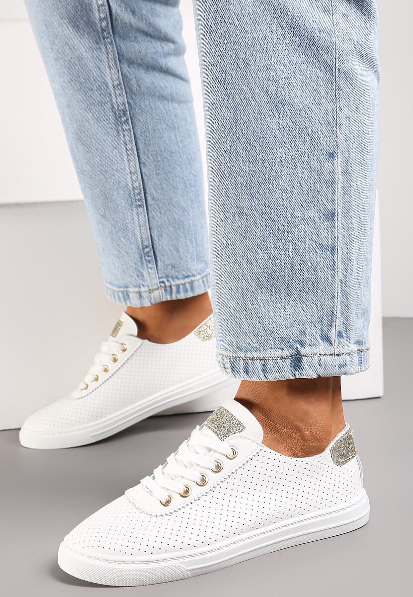 Biało-Złote Tenisówki ze Skóry ze Wstawkami z Brokatu Klerioa