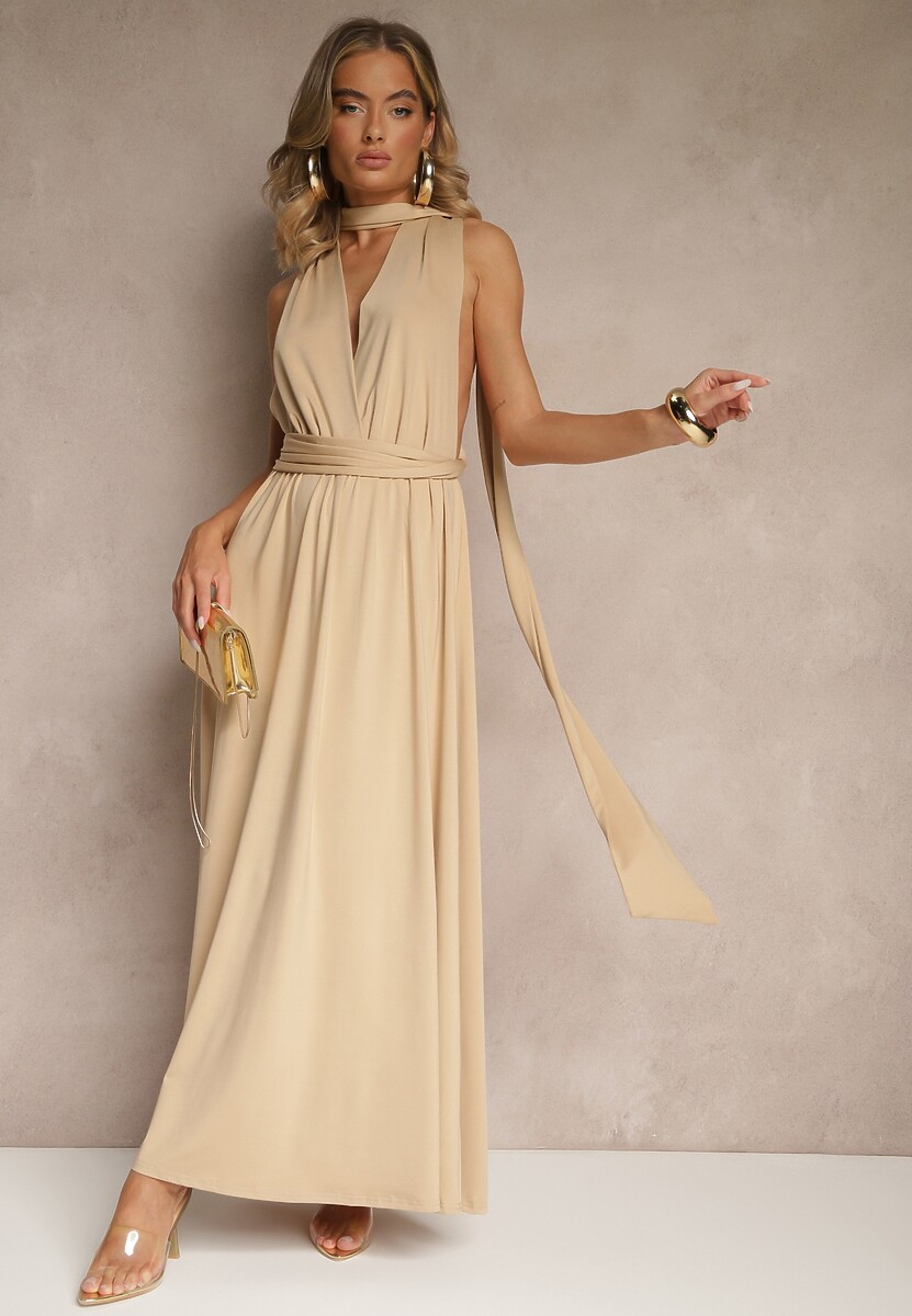 Beżowa Sukienka Koktajlowa Multiway z Wiskozą Wiązana na Szyi Lilovea