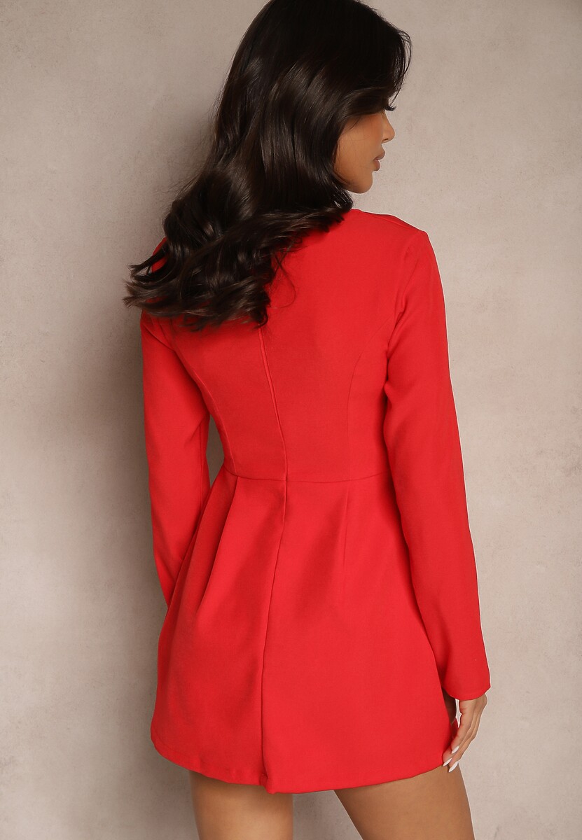 Czerwona Sukienka z Długim Rękawem i Kwadratowym Dekoltem o Lekko Rozkloszowanym Fasonie Finzemira