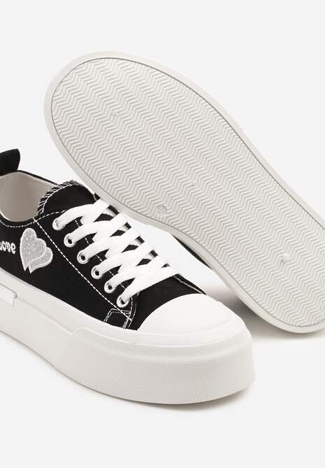 Czarne Trampki na Platformie z Ozdobnym Napisem i Sercem Laviere