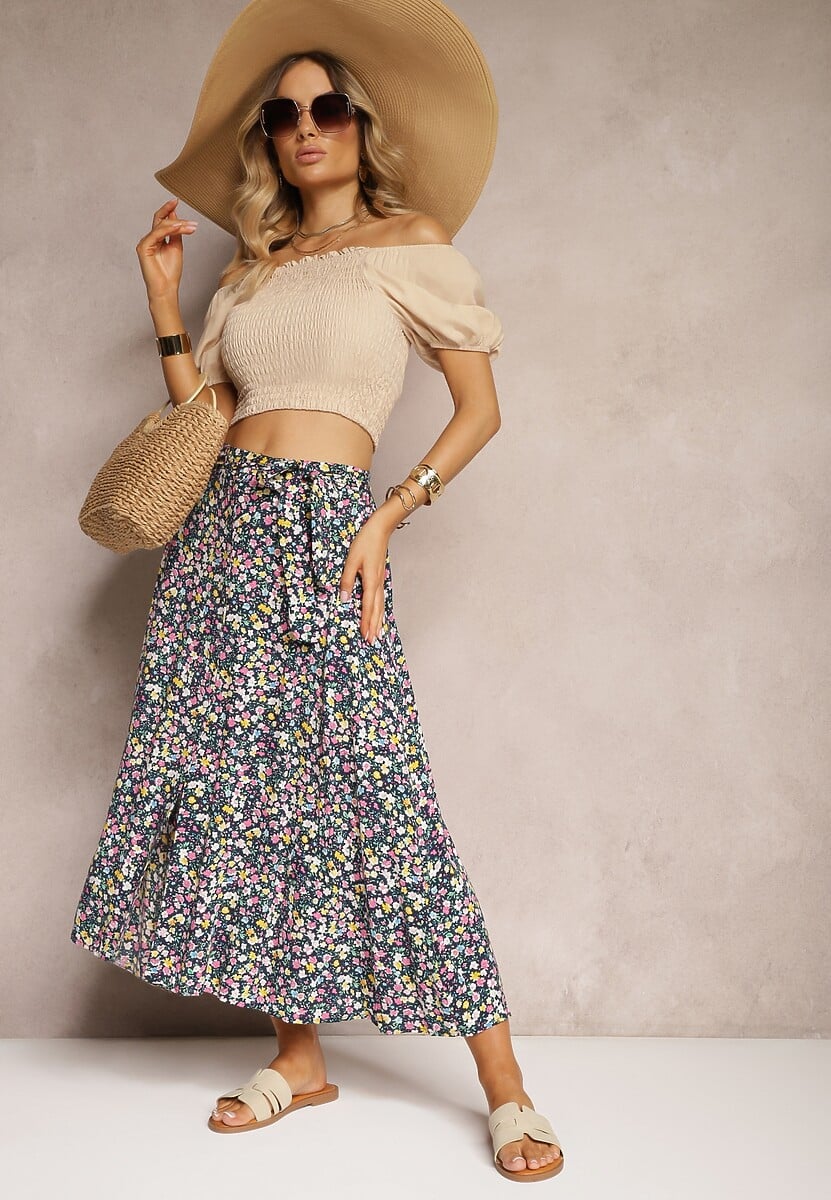 Granatowo-Żółta Wiskozowa Rozkloszowana Spódnica Zapinana na Guziki z Materiałowym Paskiem Oheva