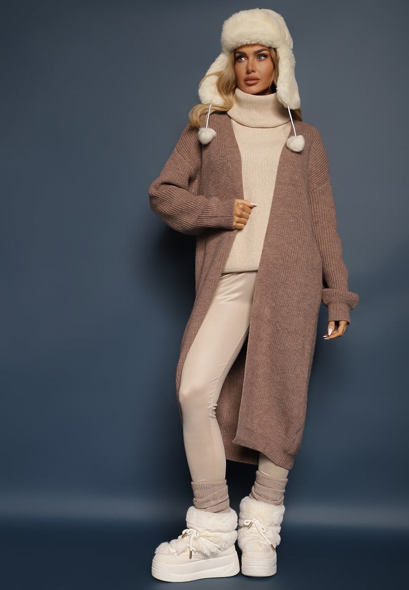 Brązowy Nierozpinany Casualowy Kardigan o Długim Kroju Ozdobiony Ściągaczami Arfilia