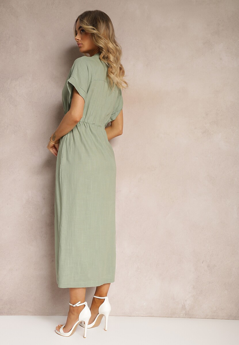 Ciemnozielona Sukienka z Bawełny z Górą o Koszulowym Kroju Ściągana w Pasie Viklia