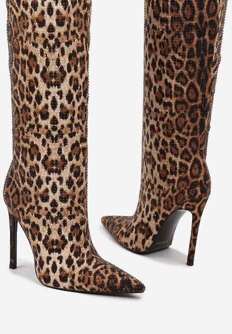 Brązowe Wsuwane Kozaki na Obcasie Typu Szpilka z Noskiem w Szpic i Cyrkoniowym Detalem Hanilaya