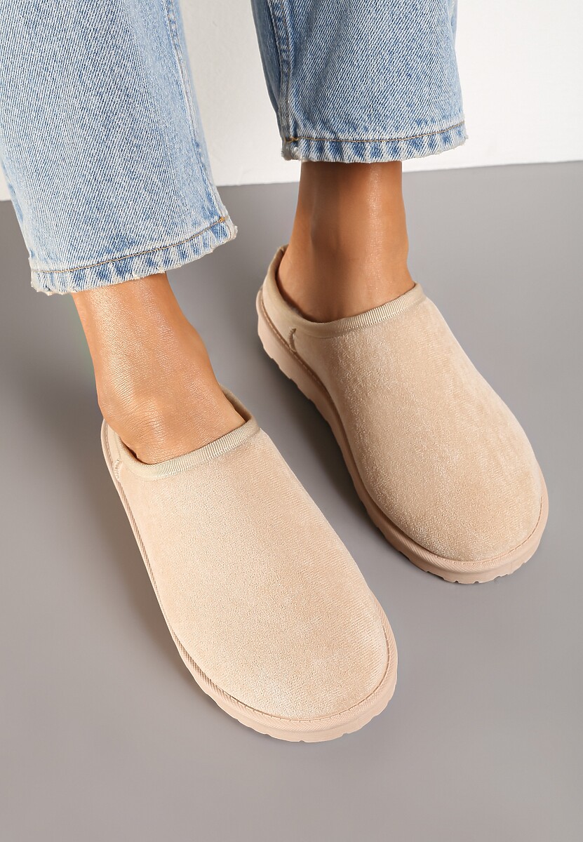 Beżowe Casualowe Kapcie na Płaskiej Podeszwie z Futerkiem Peccaria