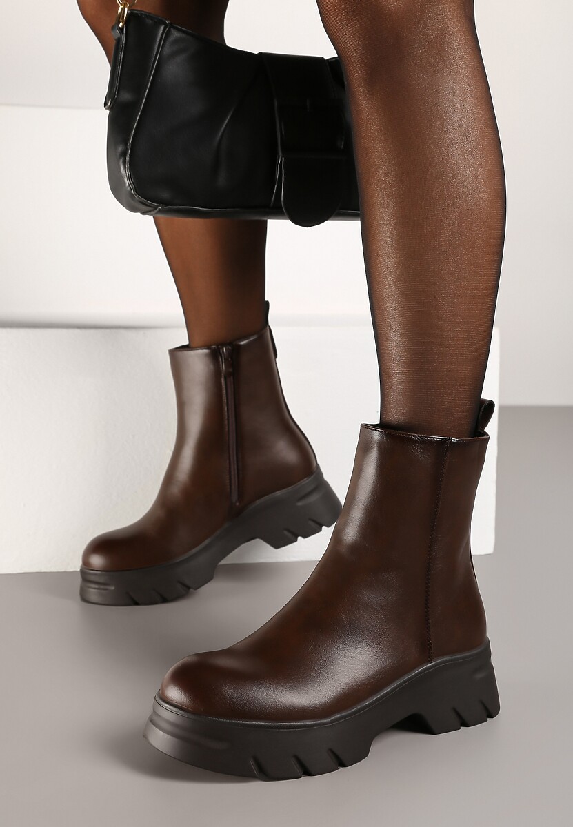 Brązowe Płaskie Botki z Ociepleniem Hanalen