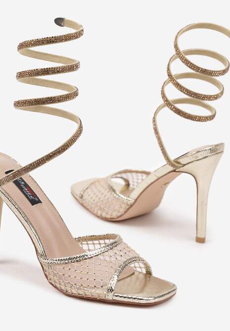 Złote Cyrkoniowe Sandały na Szpilce Oplatające Kostkę Camiora