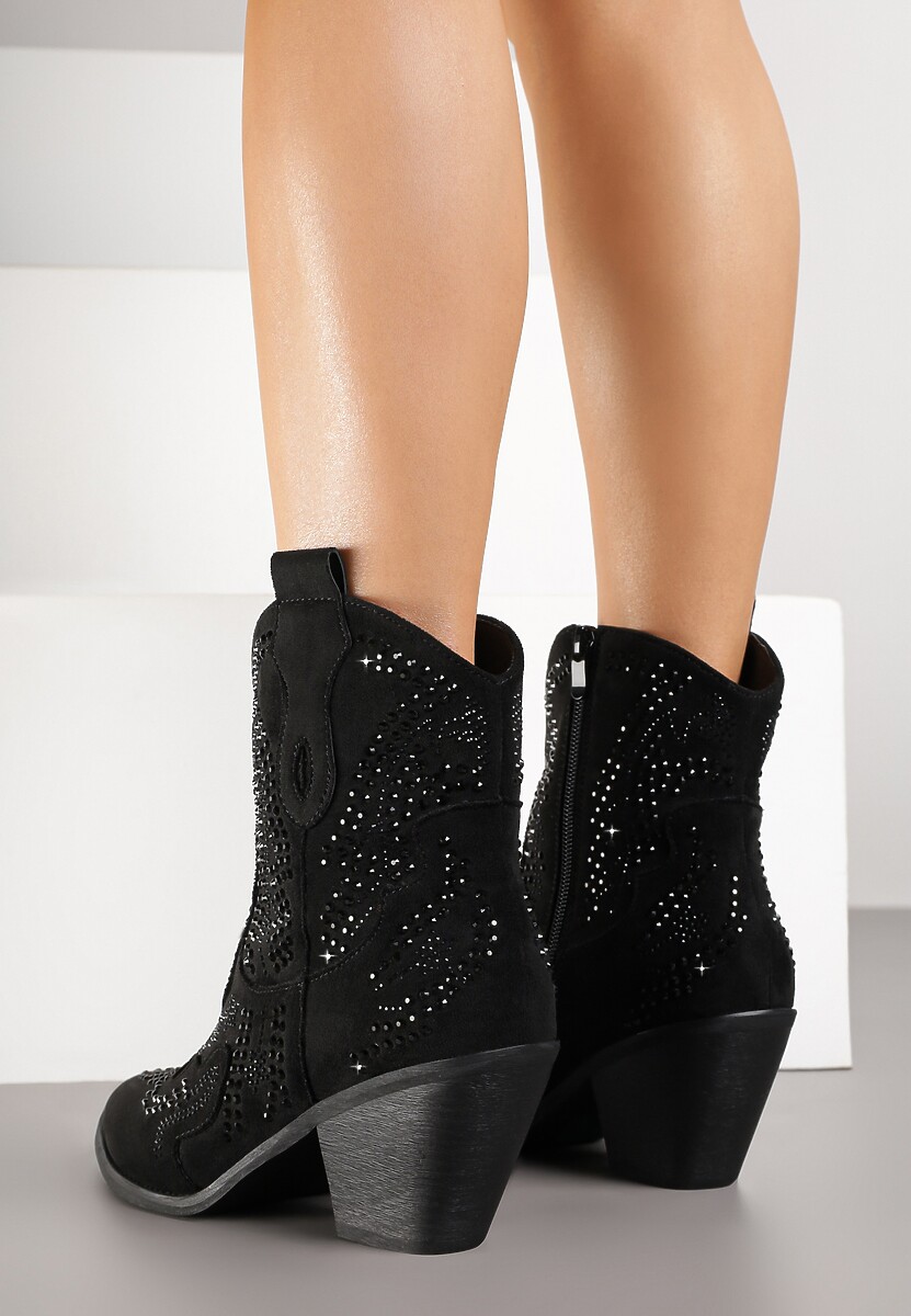 Czarne Kowbojki Botki Ozdobione Cyrkoniami na Stożkowym Słupku Tulmira