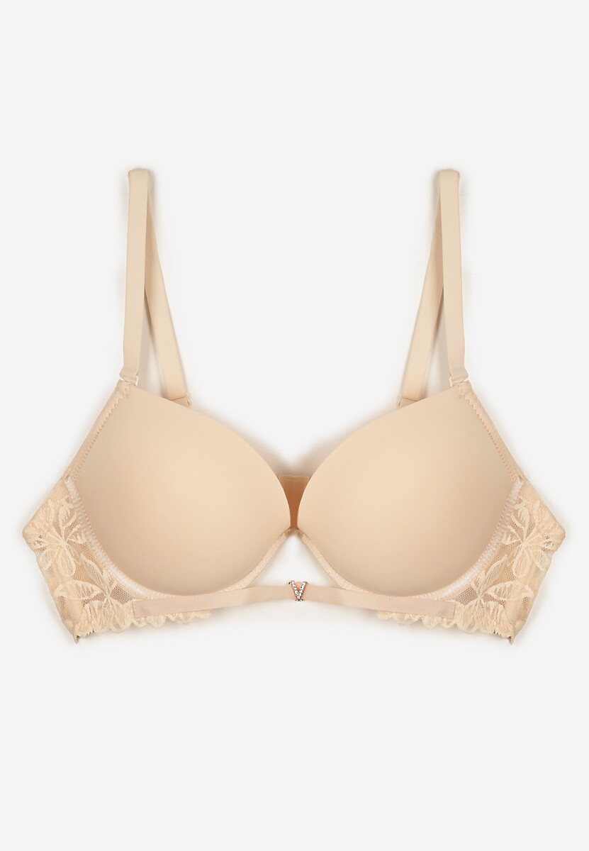 Jasnobeżowy Biustonosz Push-Up z Koronką i Wycięciem z Przodu Sariaris