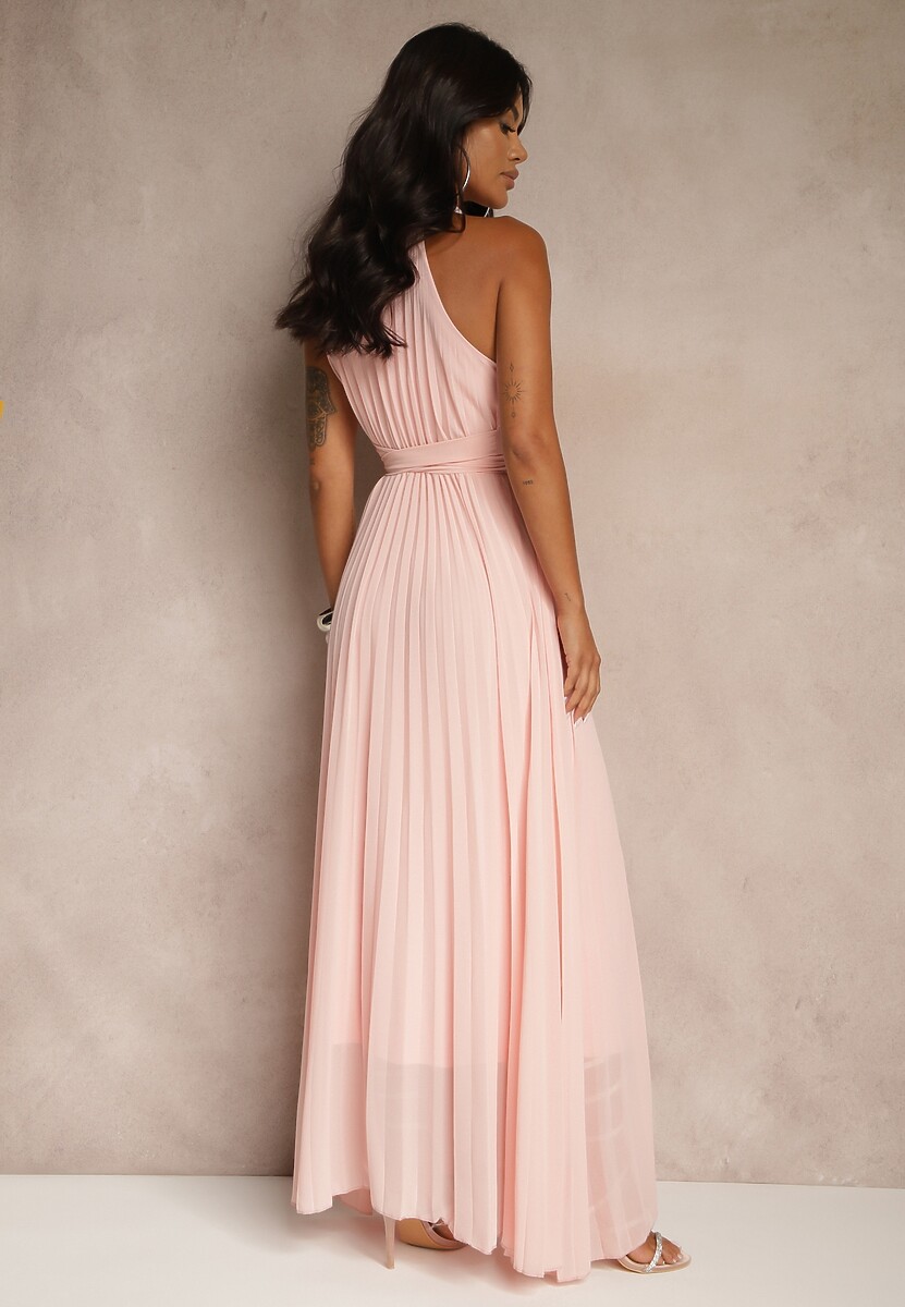 Różowa Sukienka Maxi bez Rękawów z Gumką w Talii z Plisowanej Tkaniny Pesstia