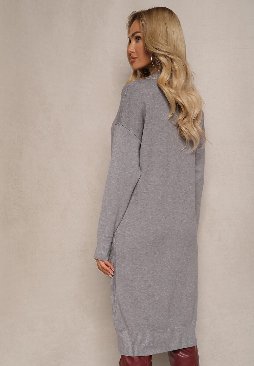 Szara Pudełkowa Sukienka z Półgolfem Wiskozą Modalem i Prążkowanymi Elementami Ennora