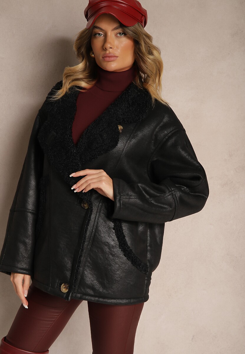 Brązowa Kurtka Typu Biker o Kroju Oversize z Futrzaną Podszewką i Guzikami Nikilina