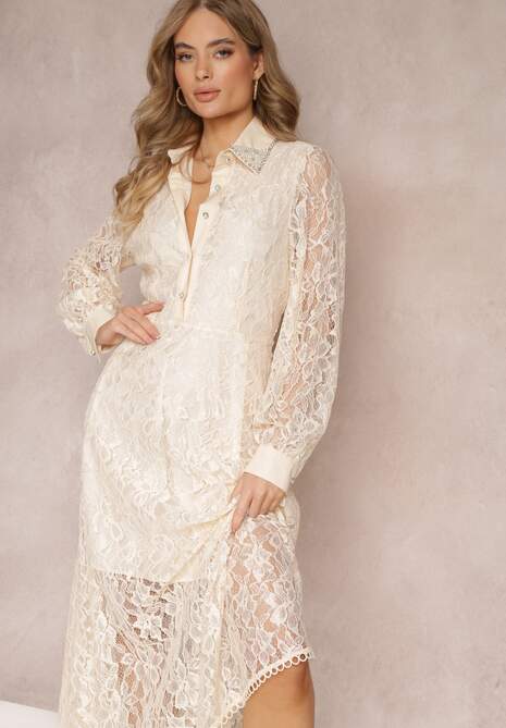 Beżowa Koszulowa Sukienka Maxi z Ozdobnymi Guzikami i Cyrkoniami z Koronkowej Tkaniny Armina