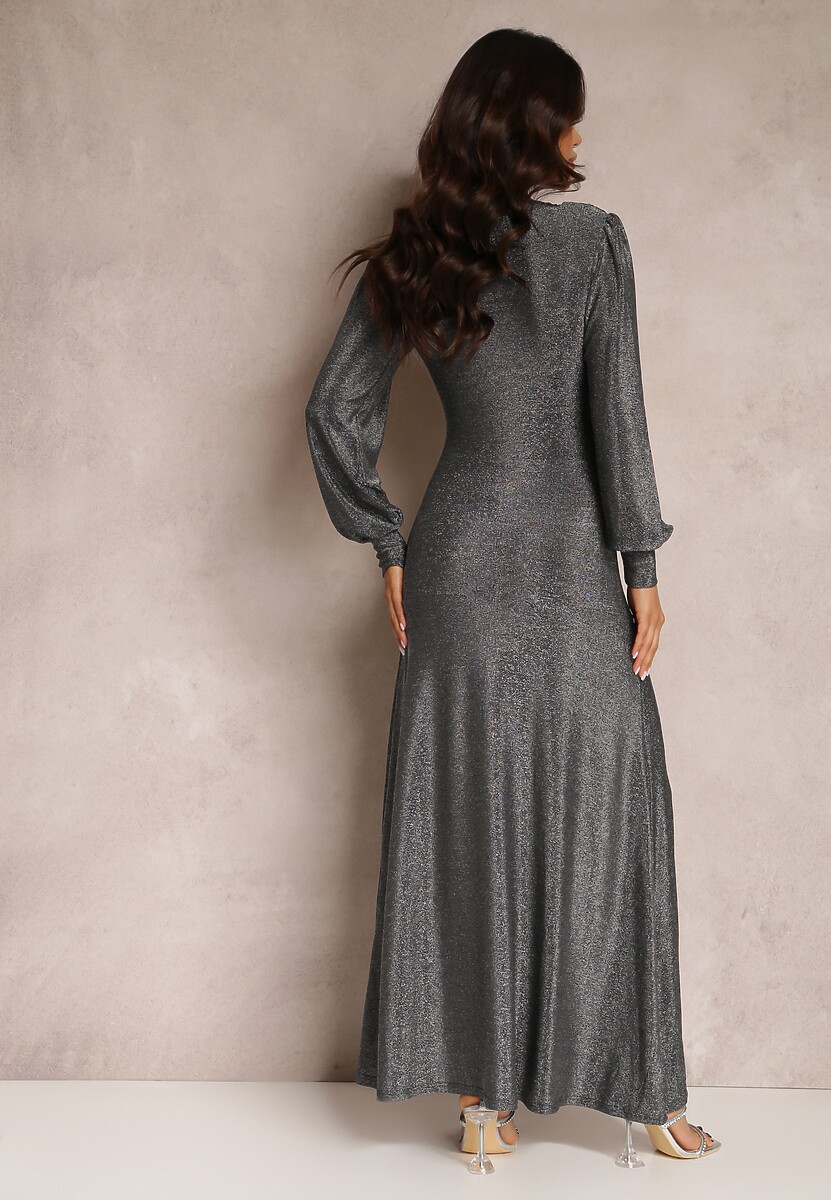 Srebrna Sukienka Wieczorowa z Głębokim Dekoltem Phaly