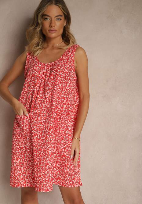 Czerwona Rozkloszowana Sukienka na Szerokich Ramiączkach w Kwiatowy Wzór Folivena