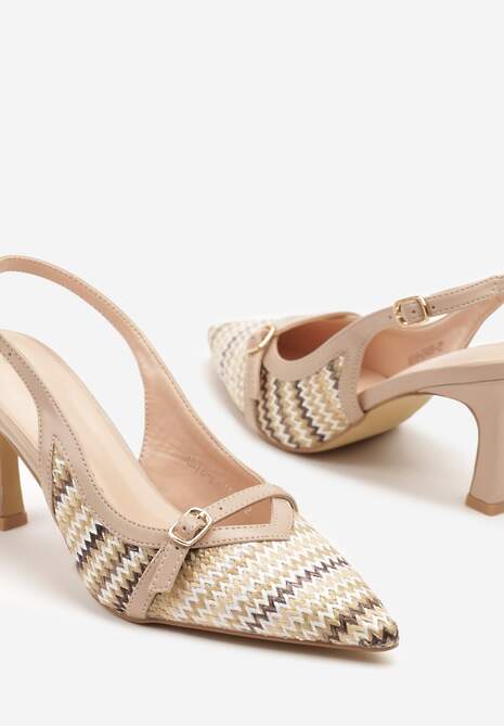Beżowe Sandały na Obcasie Kaczuszka z Klamerką i Tweedowymi Zdobieniami Adivrae
