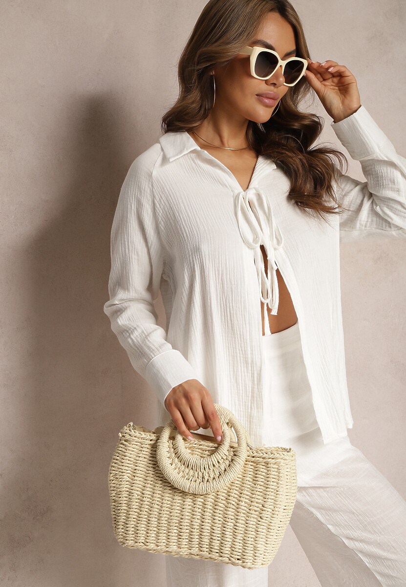 Biała Casualowa Bluzka z Bawełny Wykończona Wiązaniem i Kołnierzykiem Cyrilla