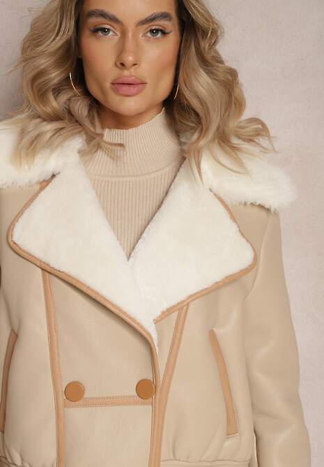 Jasnobeżowa Kurtka Pilotka z Ozdobnym Futerkiem Belwina