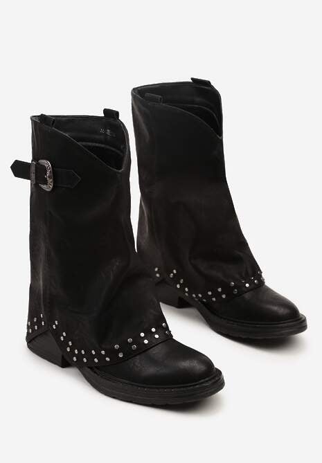 Czarne Botki z Cholewką Imitującą Nogawkę z Nitami i Paskiem ze Sprzączką Riluvena