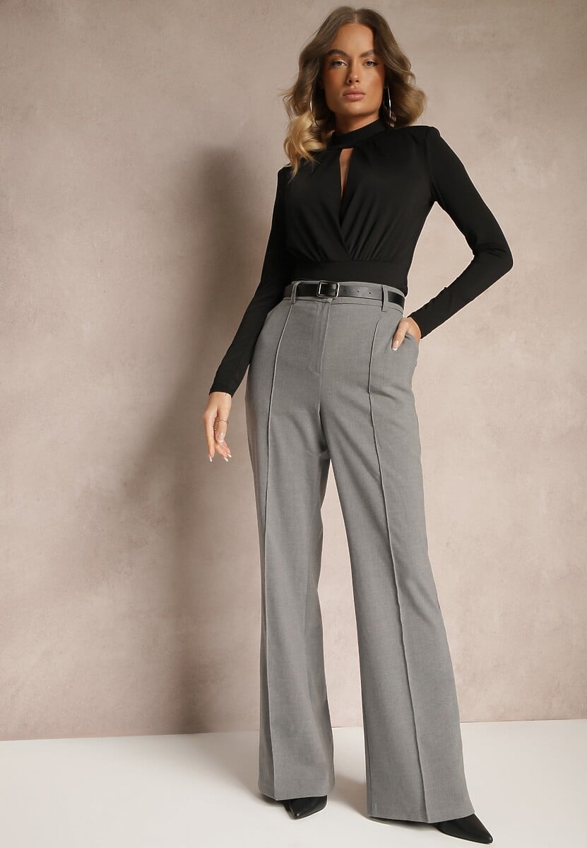 Jasnoszare Spodnie Garniturowe z Wiskozą High Waist o Szerokim Kroju Ceanita