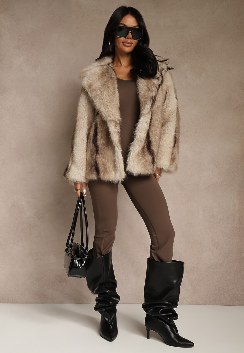 Beżowa Jednorzędowa Kurtka Futerko z Szerokim Kołnierzem Tesandra