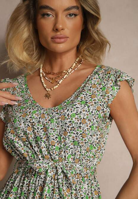 Zielona Rozkloszowana Sukienka z Wiskozy z Wiązanym Paskiem Sepelise