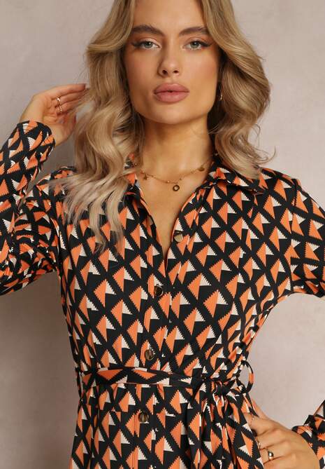 Pomarańczowo-Czarna Sukienka Koszulowa Rozkloszowana Burrus