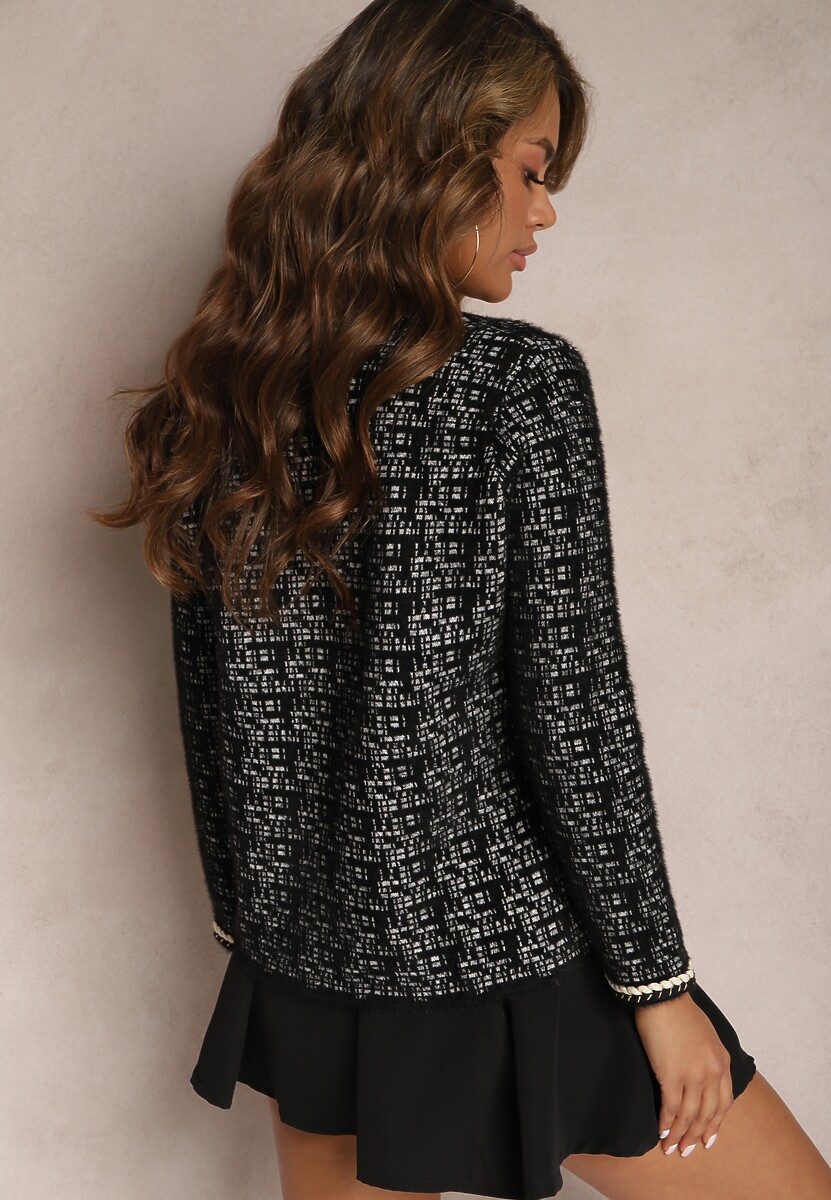 Czarny Kardigan na Guziki z Metaliczną Nitką Raphaella