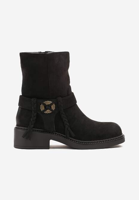 Czarne Botki Bikery z Guzikiem i Sznurkami Alissarie