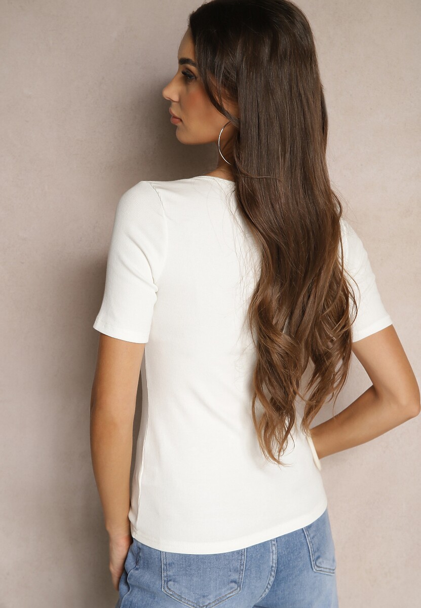 Biały Bawełniany T-shirt Prążkowany z Guzikami Florvivi