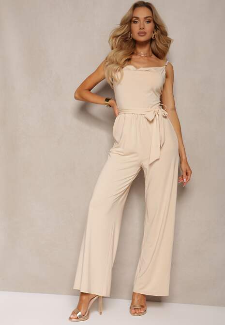 Beżowy Kombinezon na Ramiączkach z Łańcuszka Ozdobiony Materiałowym Paskiem z Gumką w Talii Einna