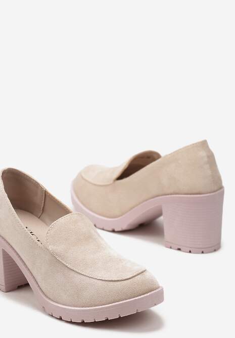 Beżowe Półbuty Mokasyny z Imitacji Zamszu na Słupku z Niską Platformą Lndine