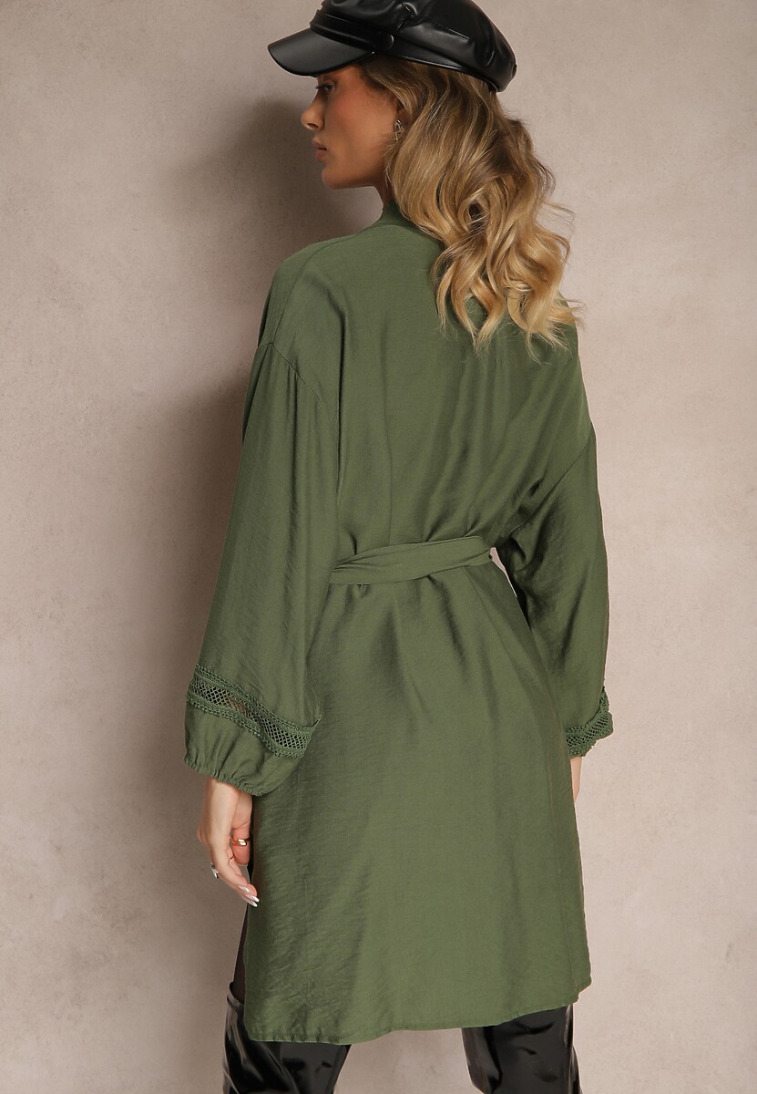 Zielona Sukienka Kimono z Wiskozy z Kieszeniami Zdobiona Ażurowymi Wstawkami Salithia