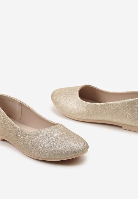Złote  Brokatowe Balerinki na Płaskiej Podeszwie Uarneli