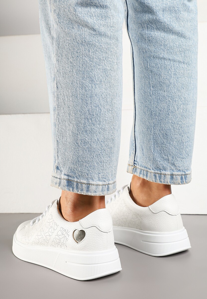 Białe Sneakersy z Wkładką ze Skóry Naturalnej Ozdobione Cyrkoniami i Sercem Tiralia