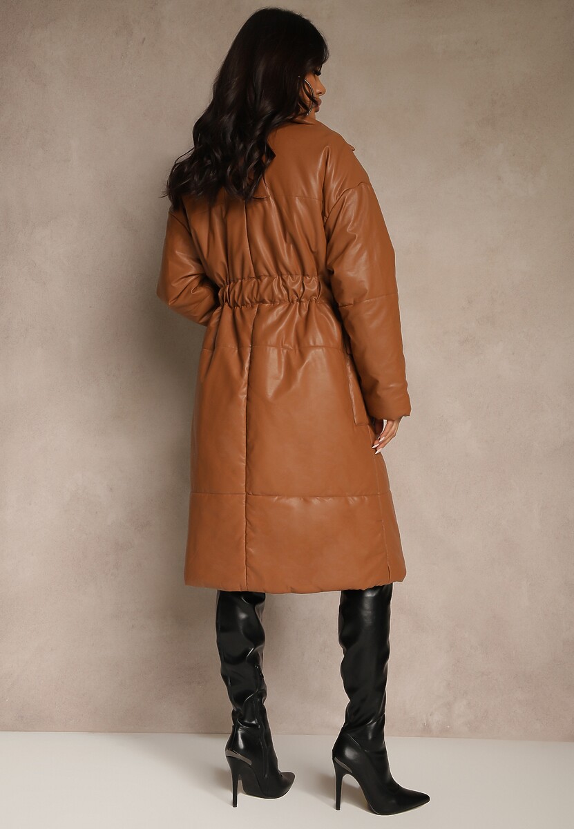 Brązowy Płaszcz z Imitacji Skóry z Wiązanym Paskiem Tosha