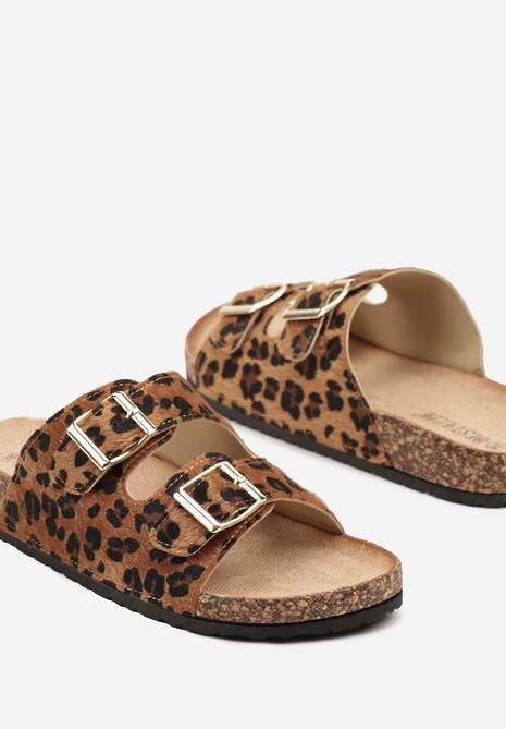 Panterkowe Klapki na Podeszwie z Imitacji Korka Zdobione Sprzączkami Virlevia