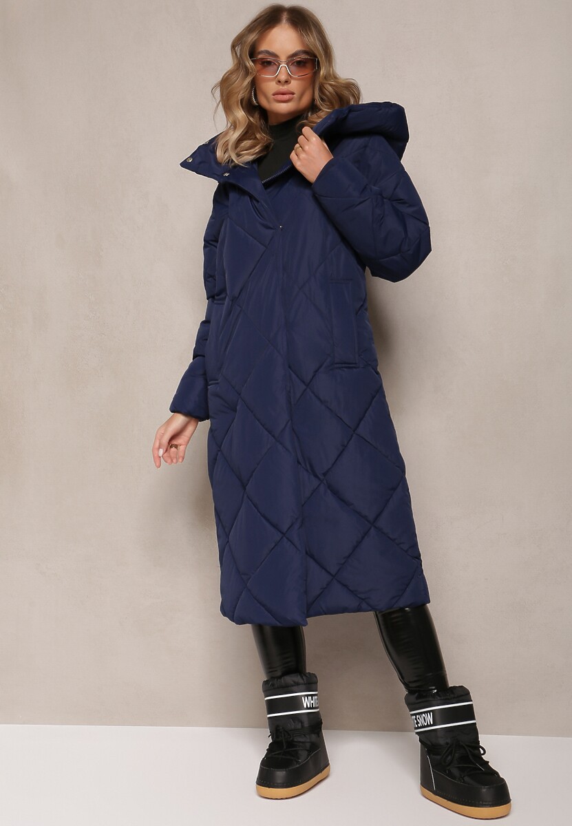 Granatowa Pikowana Kurtka Płaszcz za Kolano z Kapturem Kinassan