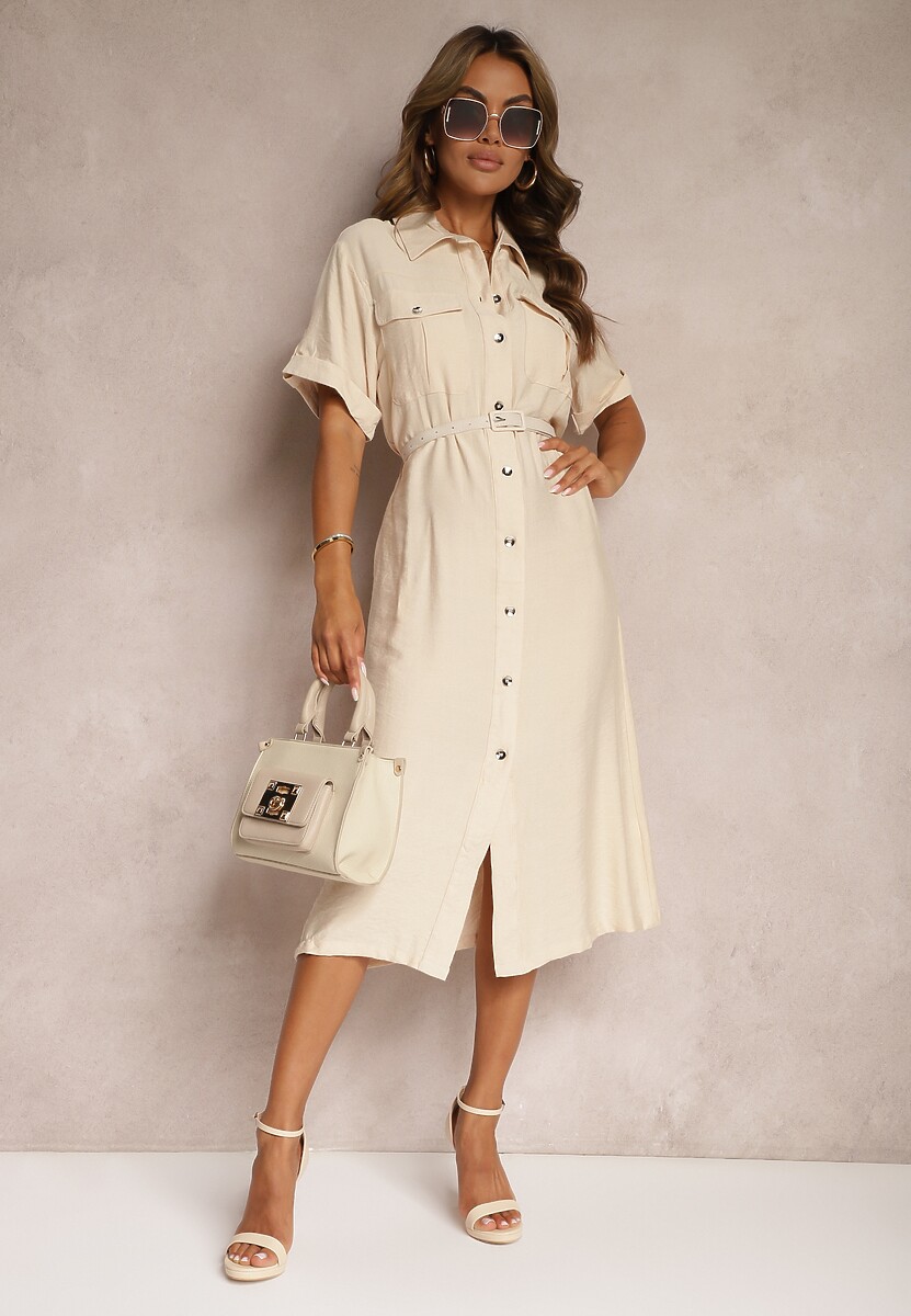 Zielona Sukienka z Wiskozy o Kroju Koszulowym Ozdobiona Paskiem Nelsines