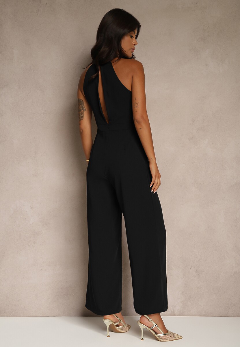 Czarny Kombinezon Wide Leg z Ozdobnym Wiązaniem przy Szyi Silelia