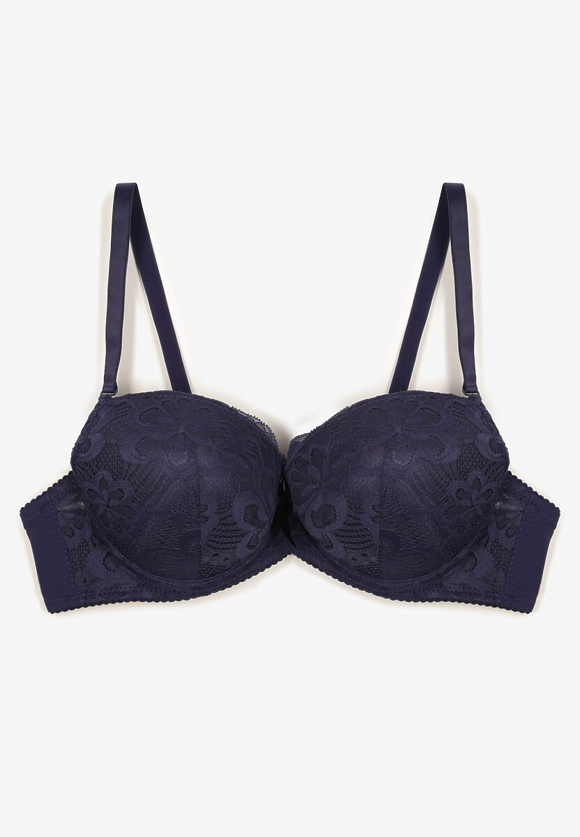 Granatowy Biustonosz Push Up z Koronkowym Zdobieniem Ravgis