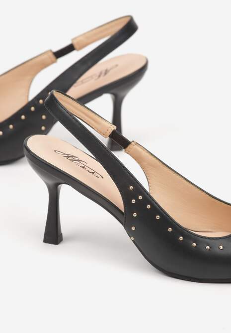 Czarne Sandały Slingback na Szpilce z Aplikacją z Nitami Sewluna