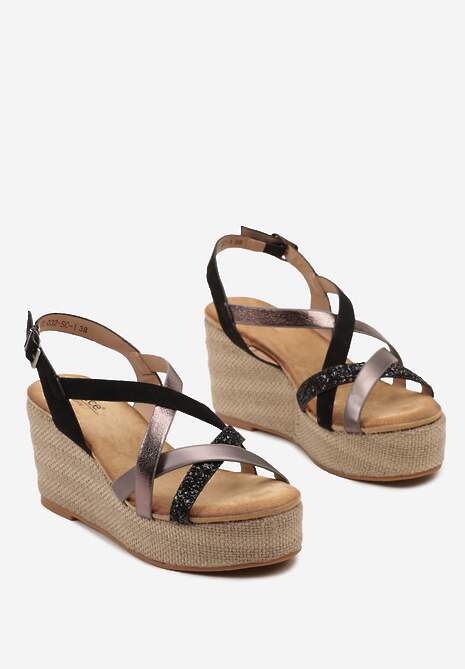 Czarne Casualowe Sandały na Koturnie w Stylu Boho z Brokatowymi Plecionymi Paskami Urani