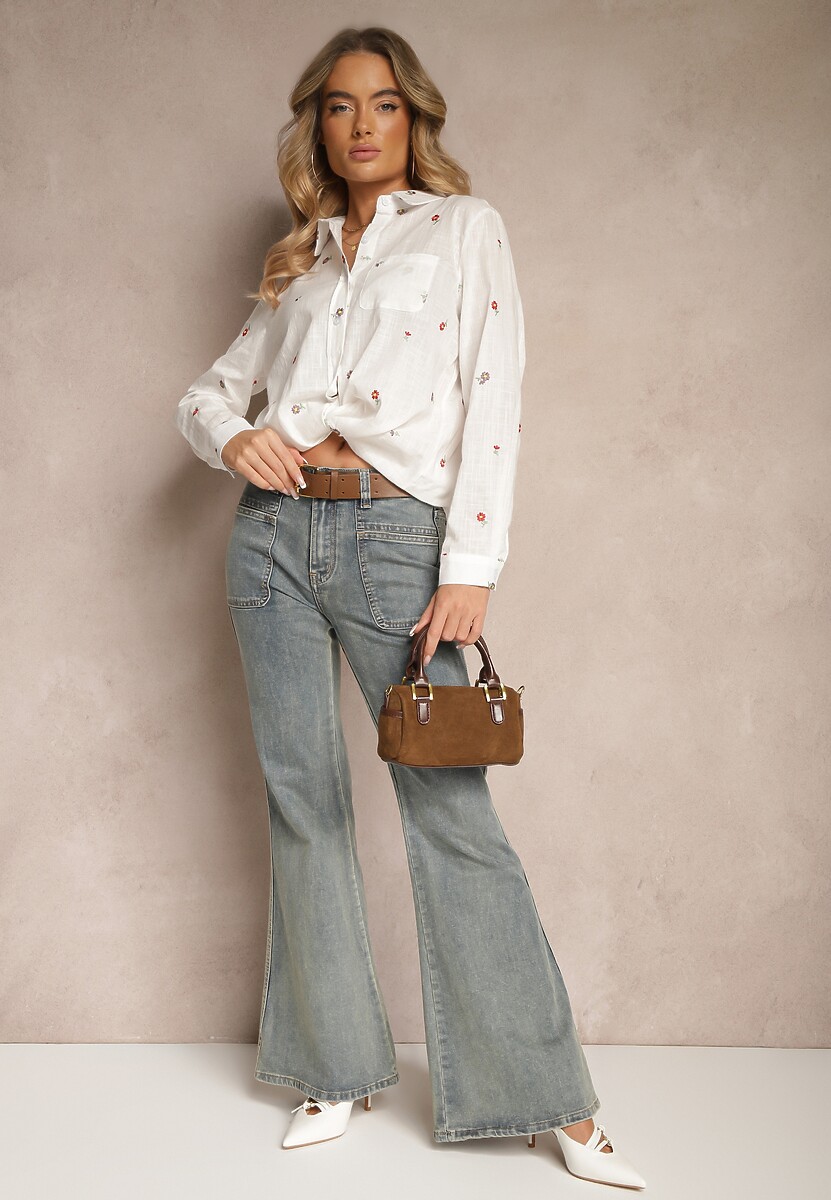 Biała Wiskozowa Koszula Ozdobiona Kwiatowym Haftem Vilreis