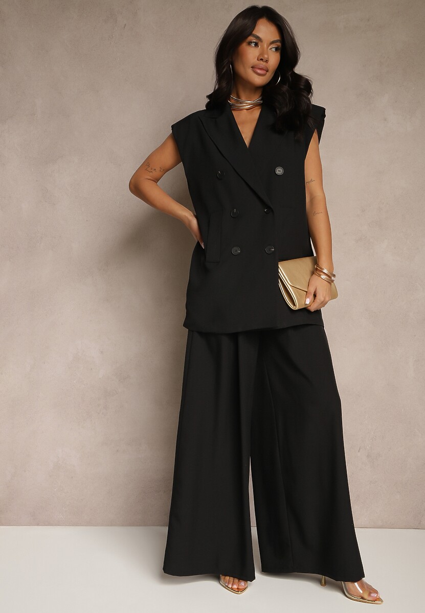 Czarne Spodnie Garniturowe o Szerokim Kroju High Waist Peavelle