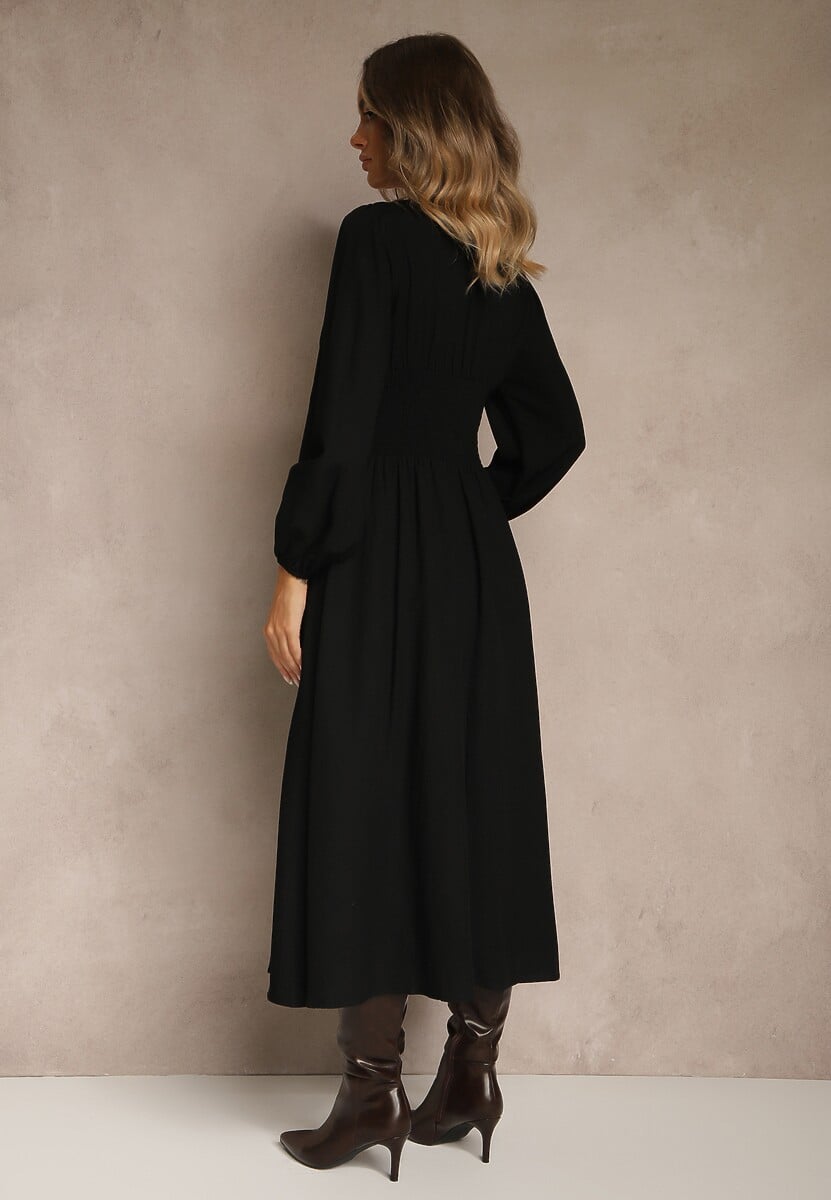 Czarna Gorsetowa Sukienka z Wiskozą z Guzikami i Bufiastymi Rękawami Ahlite