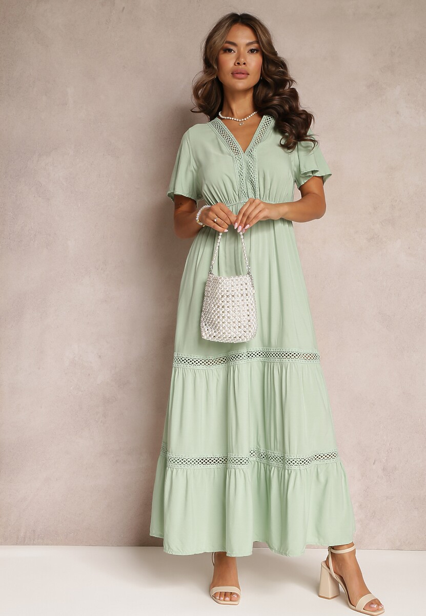 Miętowa Rozkloszowana Sukienka Maxi z Gumką w Talii i Koronkowym Dekoltem Cheteia