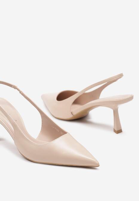 Beżowe Wsuwane Sandały Sling-Back na Kaczuszce ze Szpiczastym Noskiem Oxena