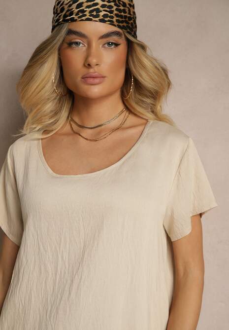 Beżowa Sukienka z Wiskozy o Rozkloszowanym Kroju Irisena