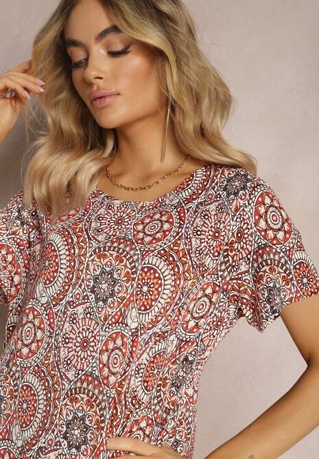 Pomarańczowa Krótka Sukienka w Stylu Boho z Elastycznej Wiskozy z Krótkimi Rękawami Ailoni